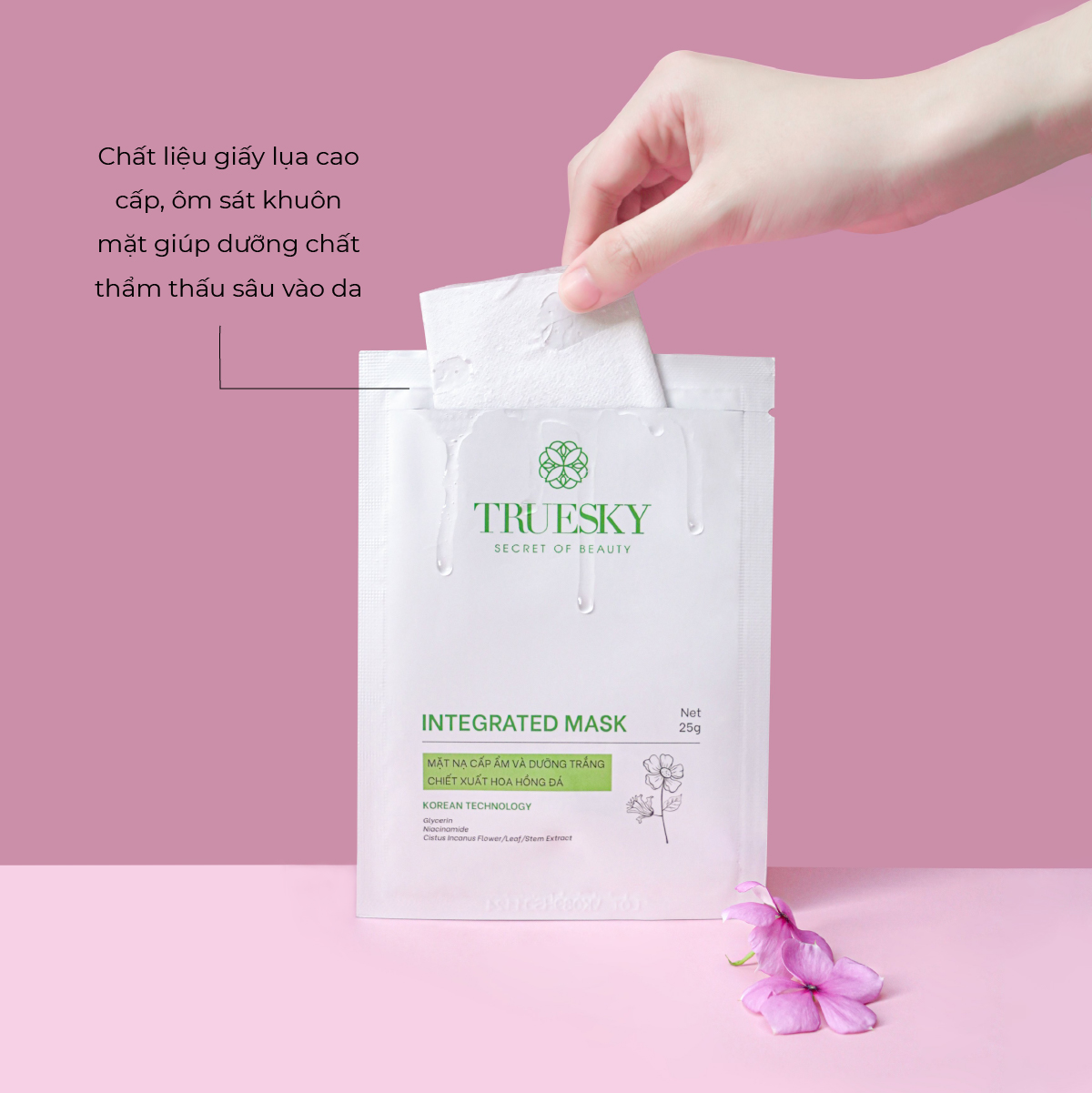 Hộp 10 miếng mặt nạ cấp ẩm và dưỡng trắng Truesky Integrated Mask chiết xuất hoa hồng đá 25g/miếng