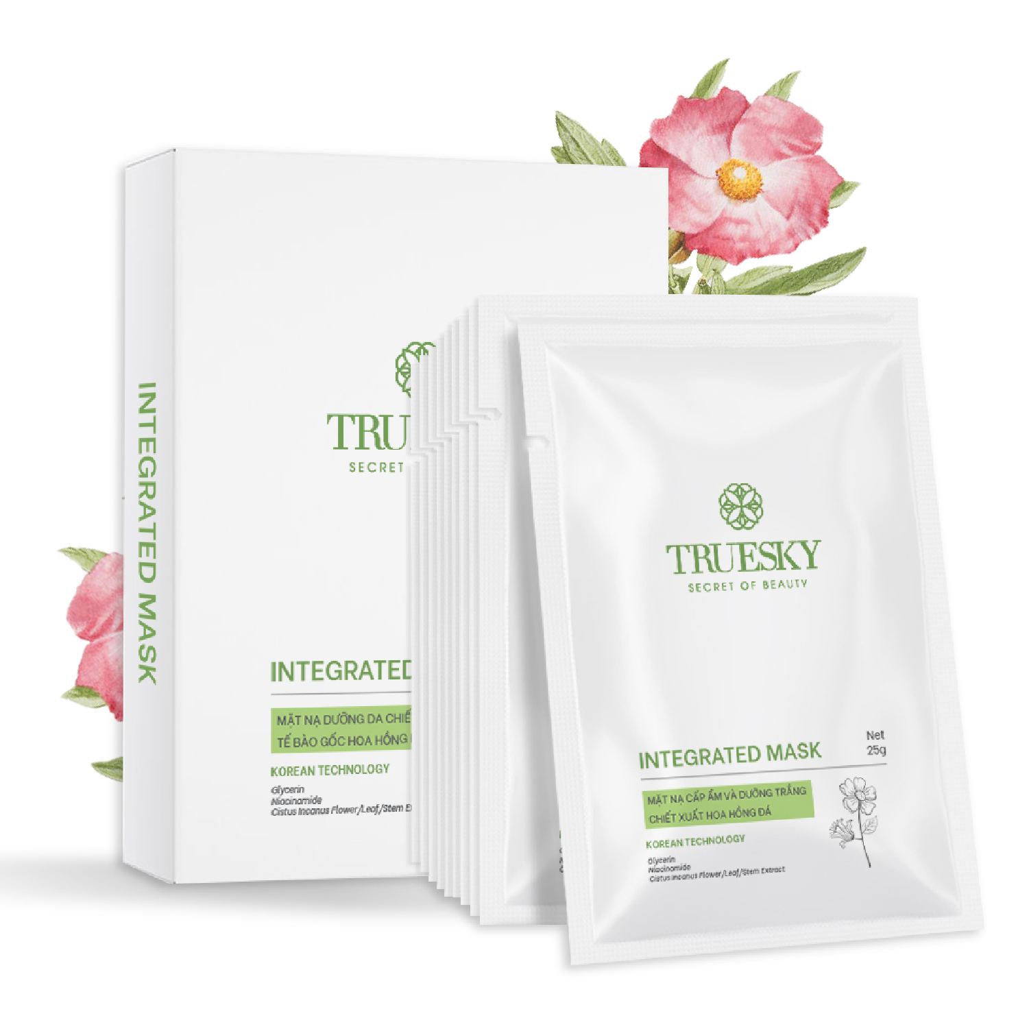 Hộp 10 miếng mặt nạ cấp ẩm và dưỡng trắng Truesky Integrated Mask chiết xuất hoa hồng đá 25g/miếng
