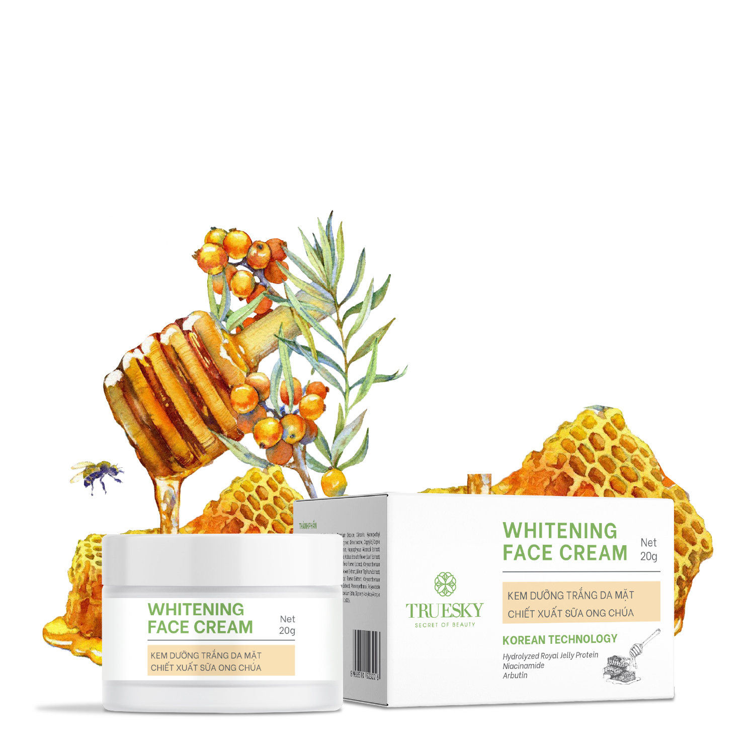 Kem dưỡng trắng da mặt chiết xuất sữa ong chúa Truesky Whitening Face Cream 20g | Nhãn hàng chăm sóc da an toàn
