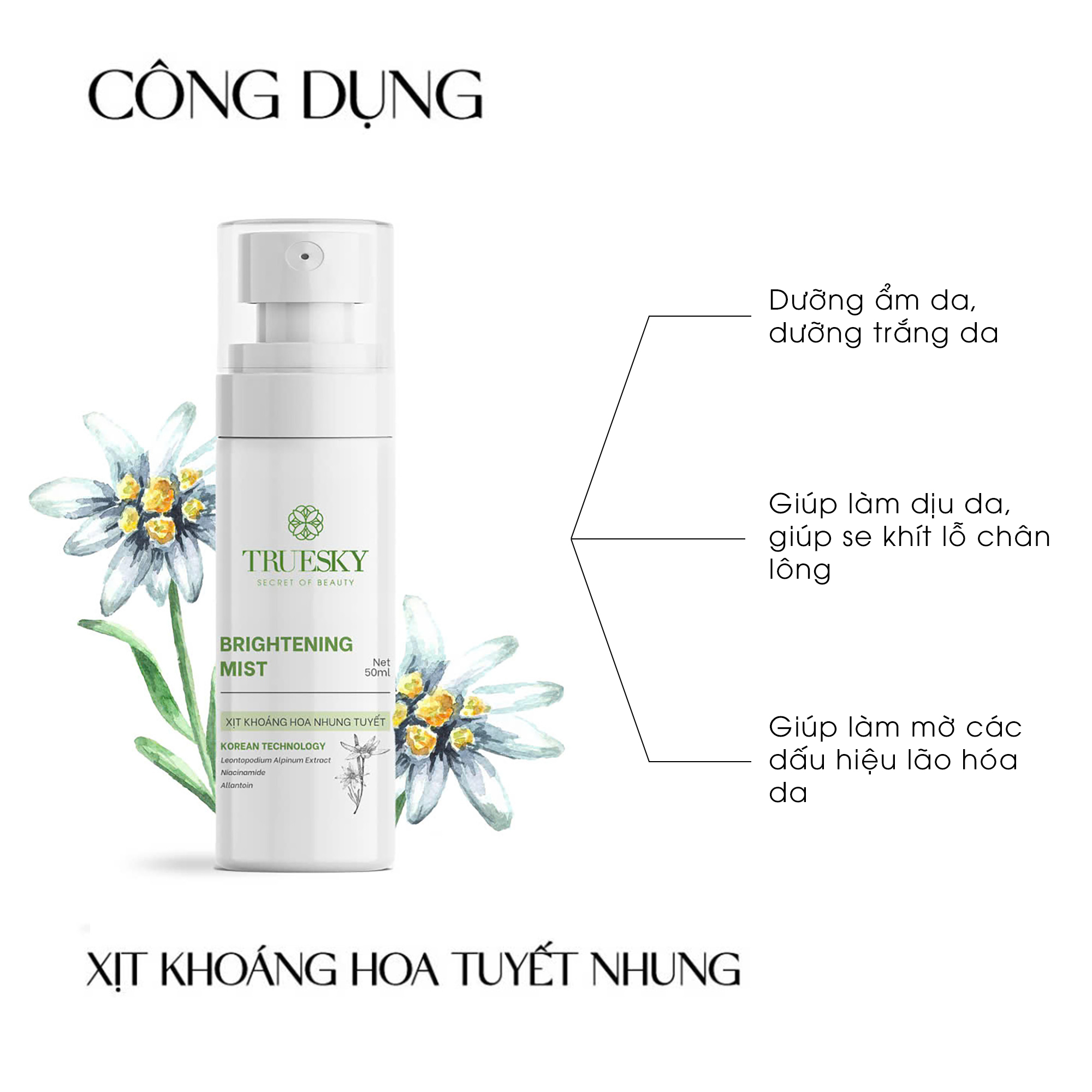Xịt khoáng hoa nhung tuyết Truesky Brightening Mist giúp dưỡng ẩm và trắng da 50ml