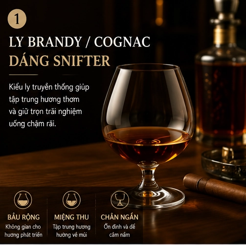 Ly Brandy Cognac dáng Snifter bầu tròn miệng thu chân ngắn