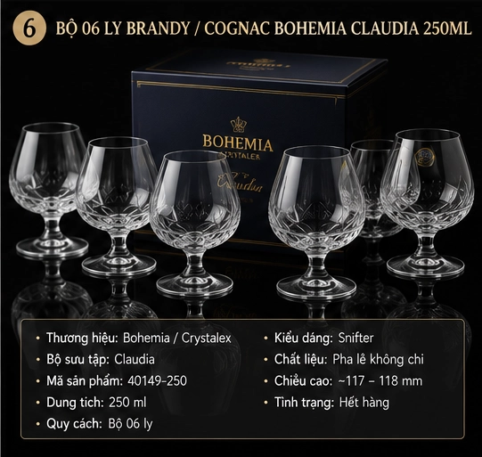 Bộ 06 ly Brandy Cognac Bohemia Claudia dung tích 250ml