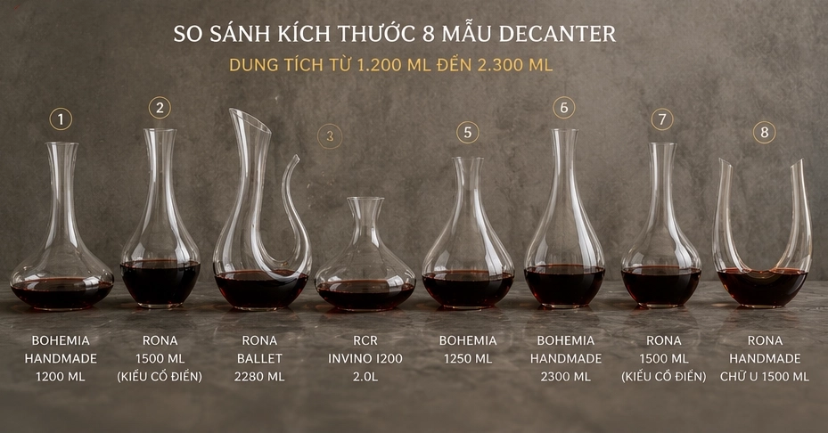 So sánh các mẫu bình chiết rượu vang Decanter theo dung tích và kiểu dáng