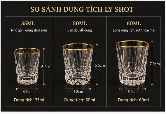 So sánh ly shot và ly rượu mạnh dung tích 35ml 50ml 60ml
