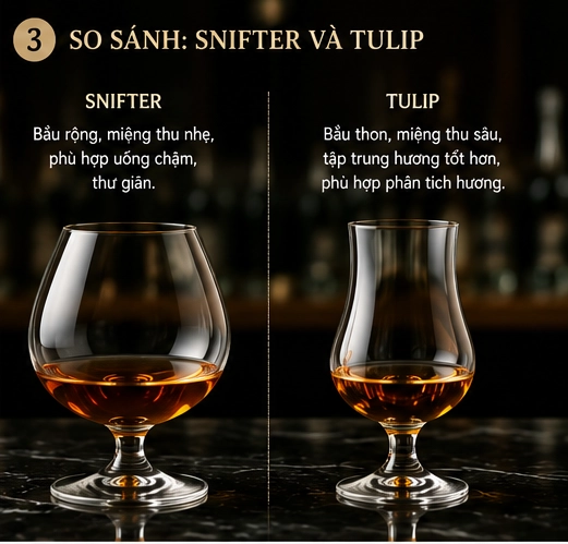 So sánh ly Snifter và ly Tulip dùng cho Brandy Cognac