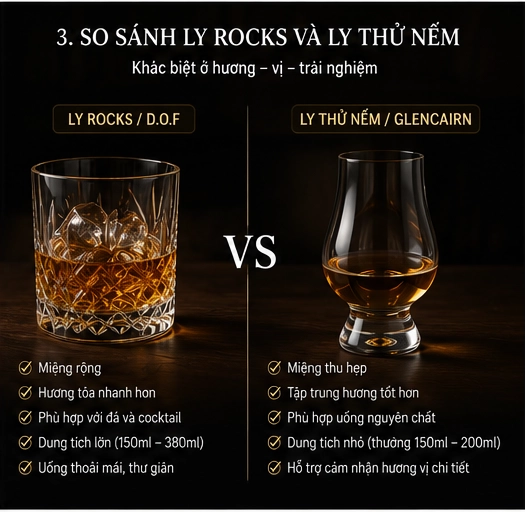 So sánh ly Whisky Rocks miệng rộng và ly thử nếm miệng thu