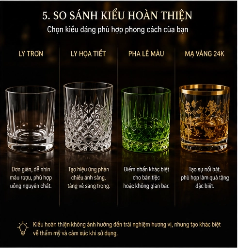 So sánh ly Whisky trơn họa tiết pha lê màu và mạ vàng