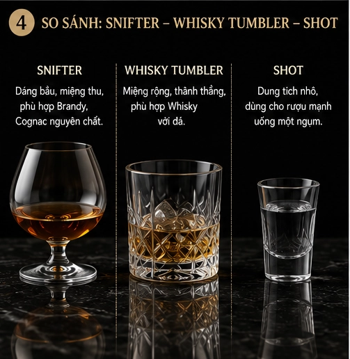 So sánh ly Snifter ly Whisky Tumbler và ly Shot