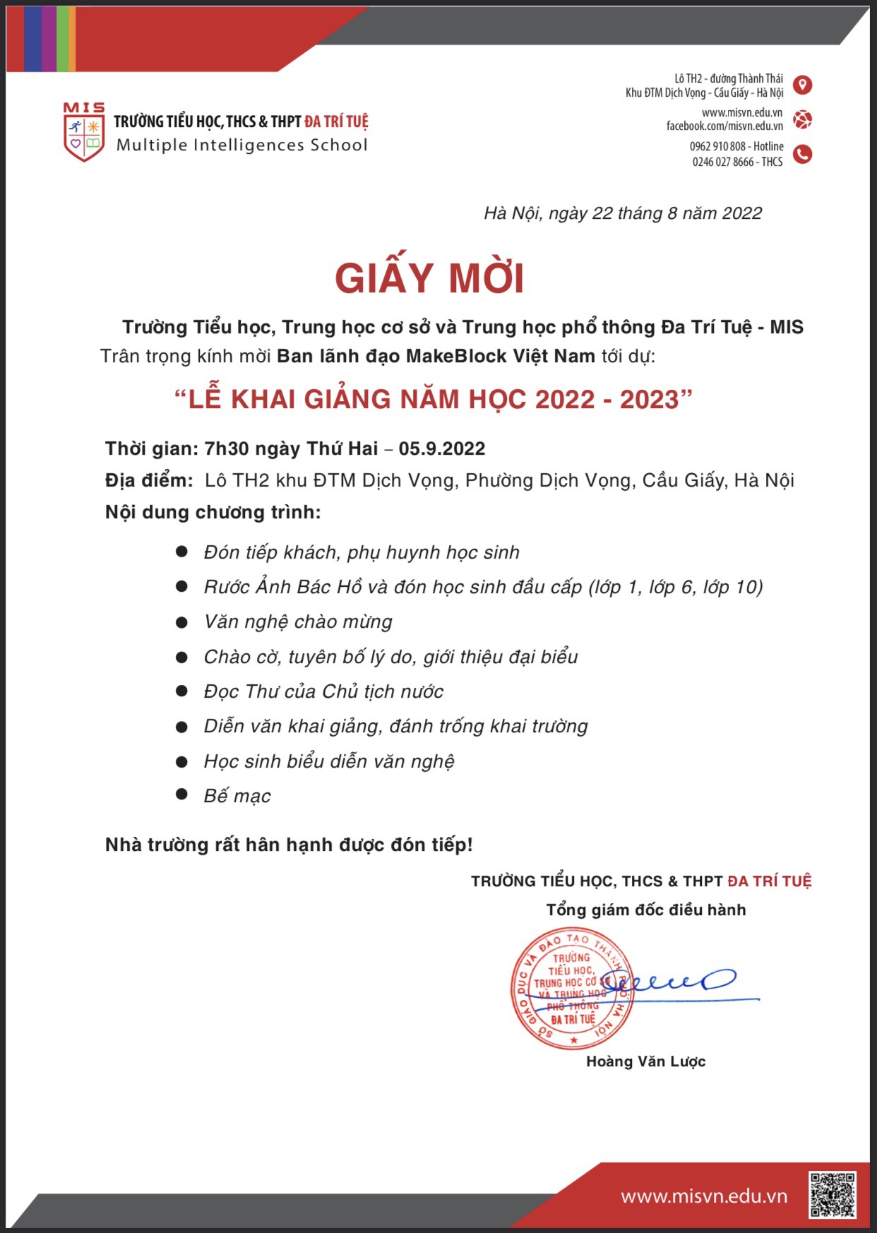 Makeblock Việt Nam dự Lễ khai giảng trường Tiểu học- Trung học cơ sở và Trung học phổ thông Đa Trí Tuệ - MIS 