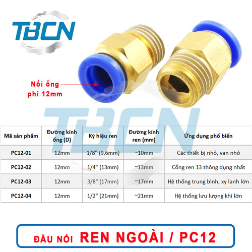 Đầu Nối Khí Nén Ren Ngoài Ống Phi 12mm