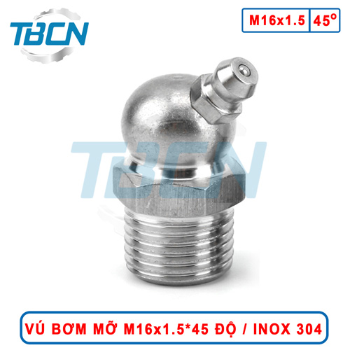Vú Bơm Mỡ Góc 45 Độ M16x1.5 Inox 304