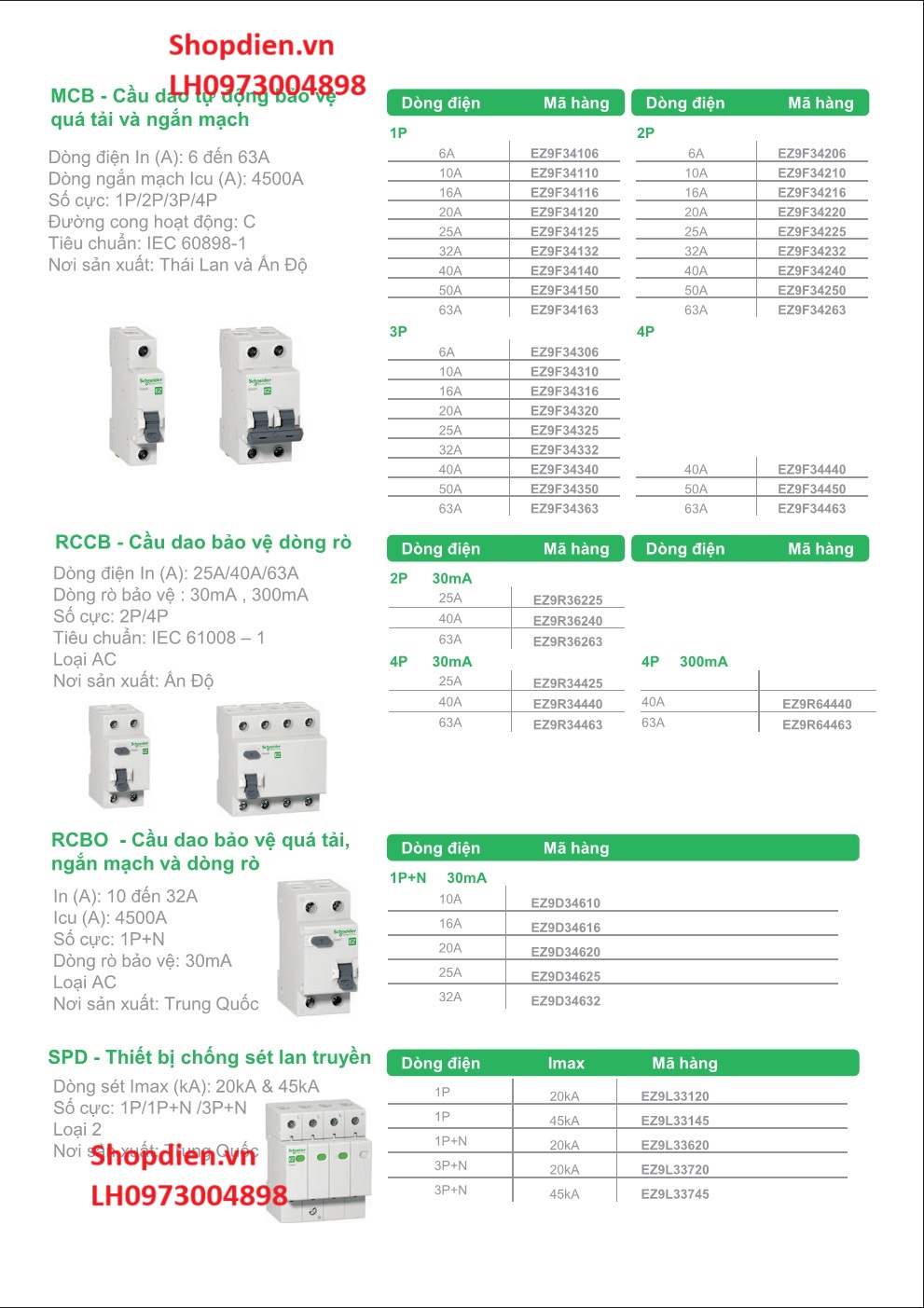 Aptomat Cầu dao tự động MCB 2P 6A 4.5KA Schneider Easy9 EZ9F34206 CÔNG ...