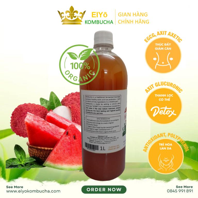 KOMBUCHA VẢI DƯA  1 Lít – Fresh & Cool (Trà Kombucha Vải Dưa - Giảm Cân - Làm Đẹp)