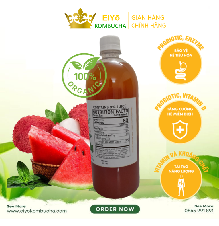KOMBUCHA VẢI DƯA  1 Lít – Fresh & Cool (Trà Kombucha Vải Dưa - Giảm Cân - Làm Đẹp)