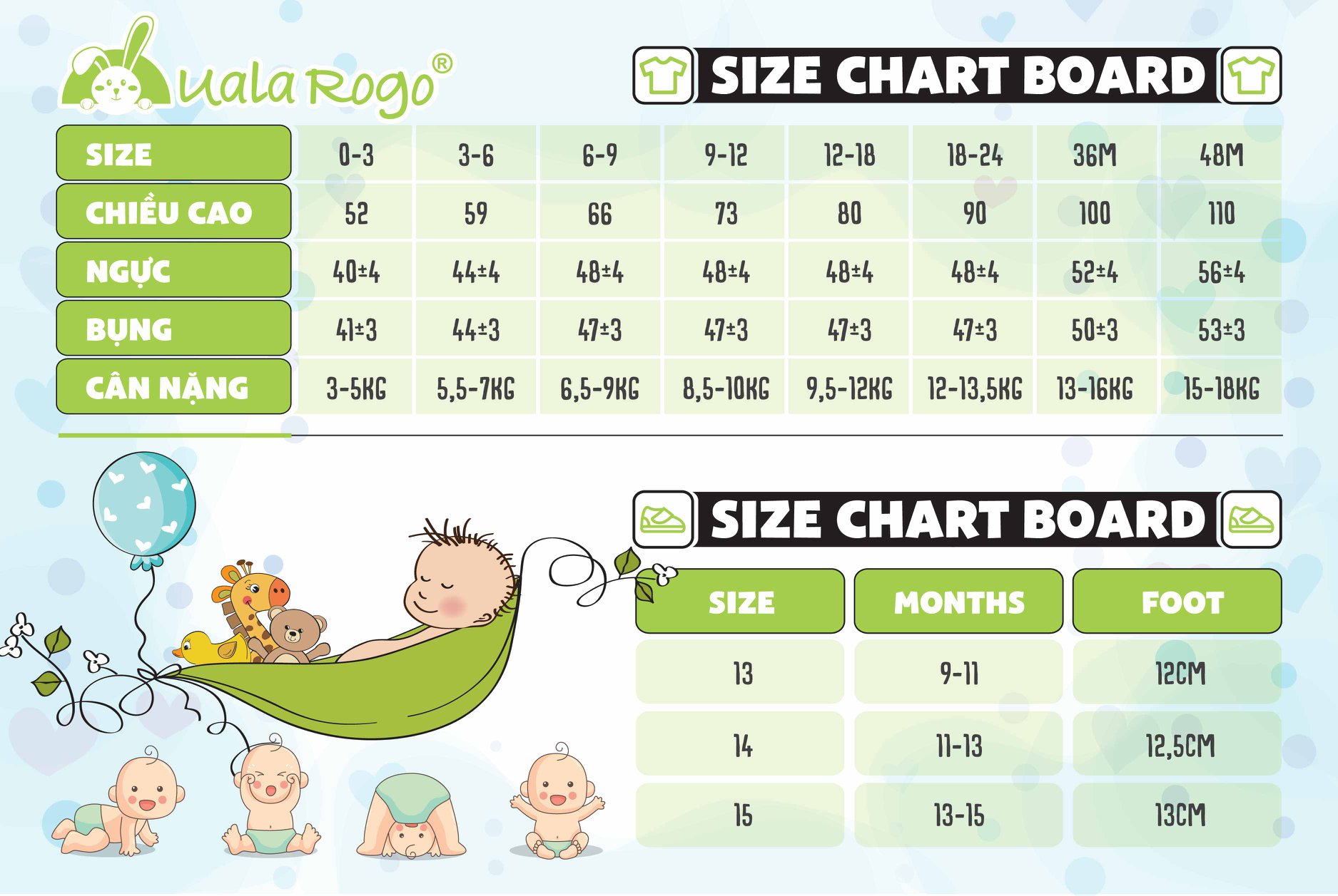 Bảng size quần áo, dép UalaRogo