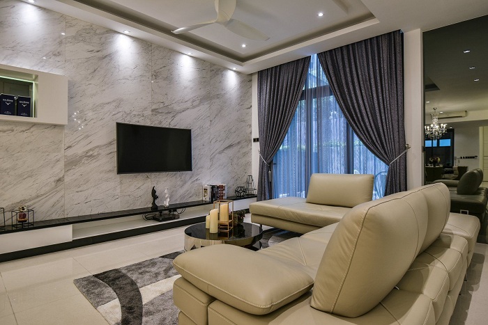 Đá marble với vân đá đẹp tự nhiên tạo sự sang trọng cho phòng khách.