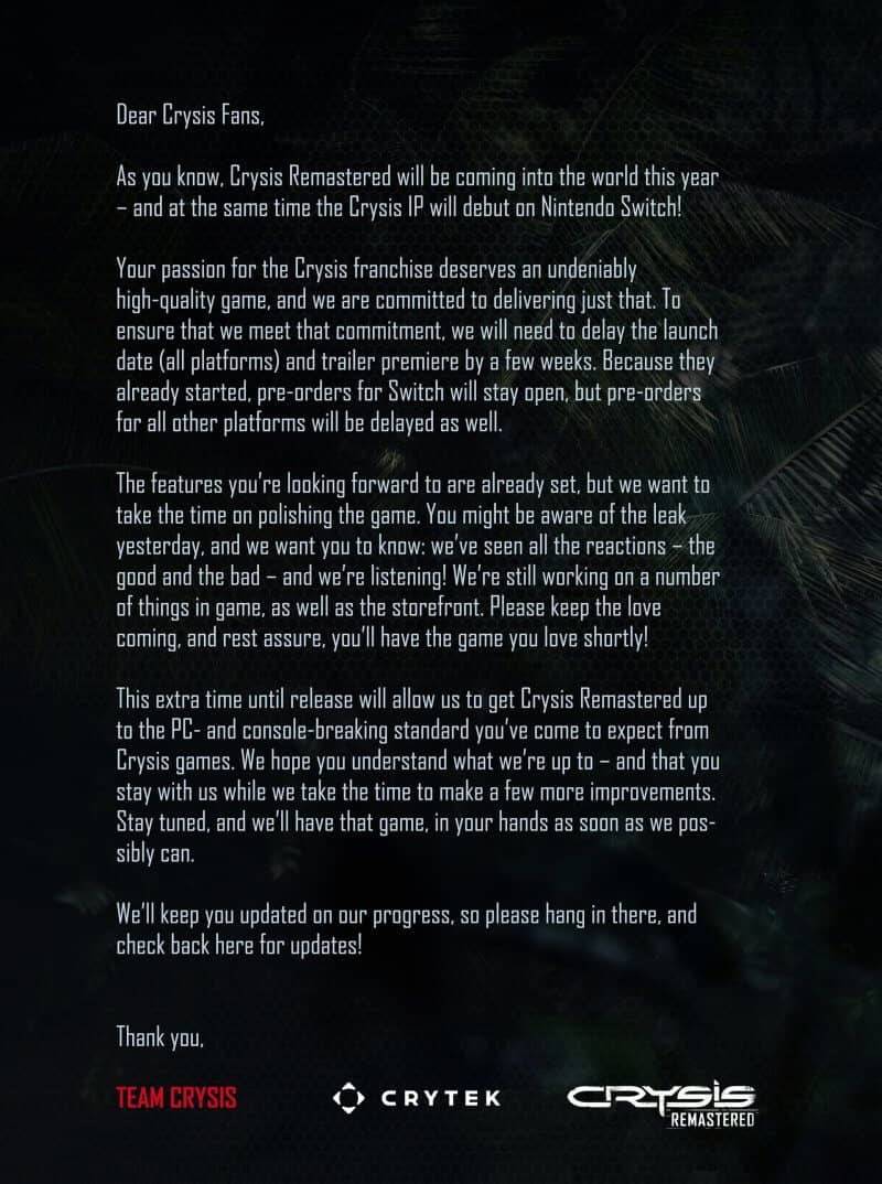 Thông tin đoạn trailer bị rò rỉ của Crysis Remastered 