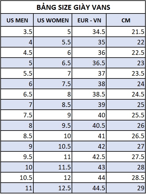 Bảng size giày Vans, Vans size Chart