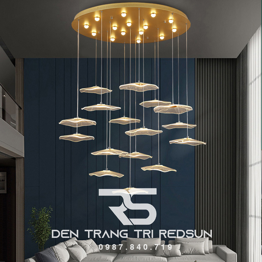 Đèn Thả Trần Lắp Thông Tầng Cầu Thang, Phòng Khách, Bàn Ăn Hình Lá Sen HTK035