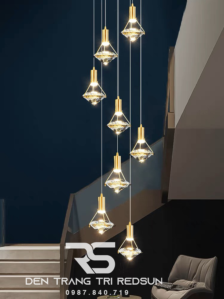 Đèn Thả Trần Hiện Đại Lắp Thông Tầng Cầu Thang, Phòng Khách, Bàn Ăn Chất Liệu Pha Lê HTK048