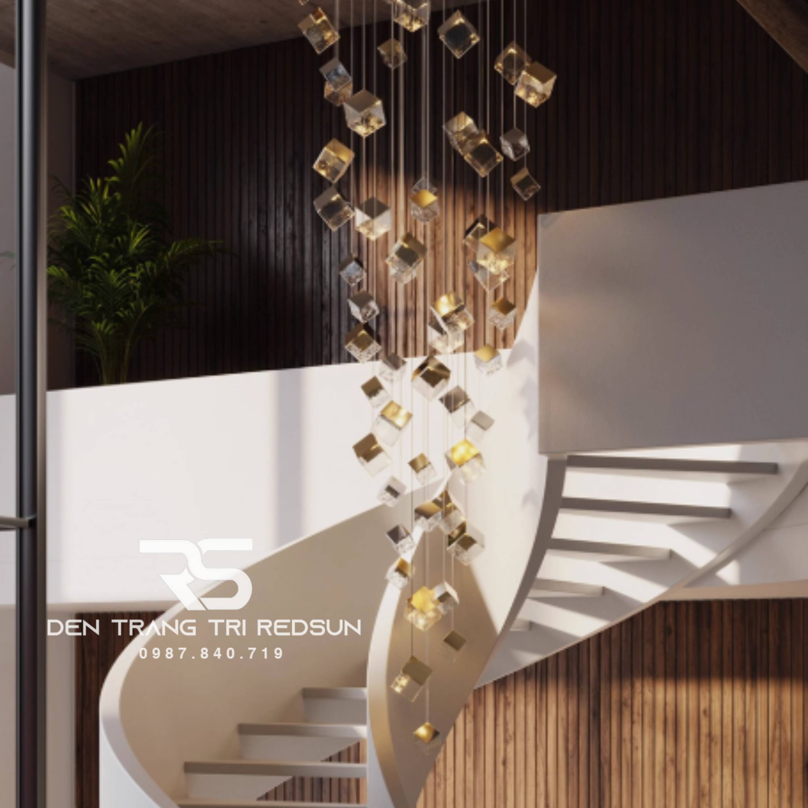 Đèn Thả Thông Tầng Cầu Thang, Phòng Khách, Bàn Ăn Hiện Đại Khối Vuông HTK-NK002