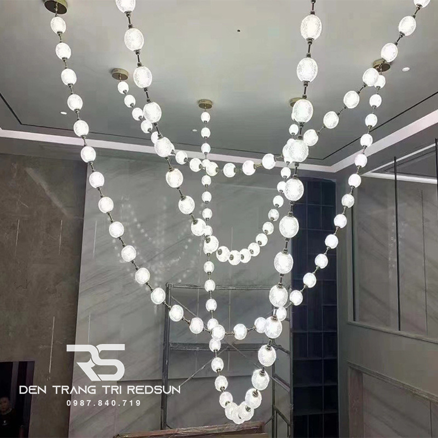 Đèn Chùm Lắp Thông Tầng, Sảnh Khách Sạn, Phòng Khách, Bàn Ăn Phong Cách Bắc Âu Hình Vòng Cổ Ngọc Trai DC-T089