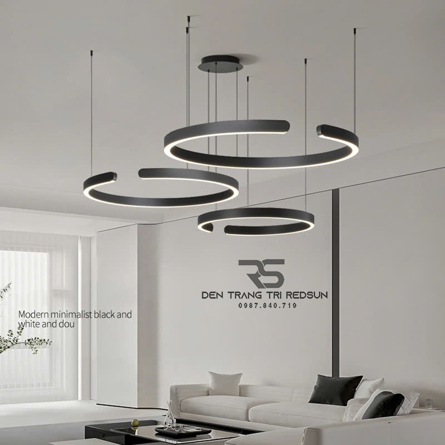Đèn Thả Phòng Khách Hiện Đại Bắc Âu LED Ring 3 Vòng Khuyết Khung Inox Đen 3VKMD