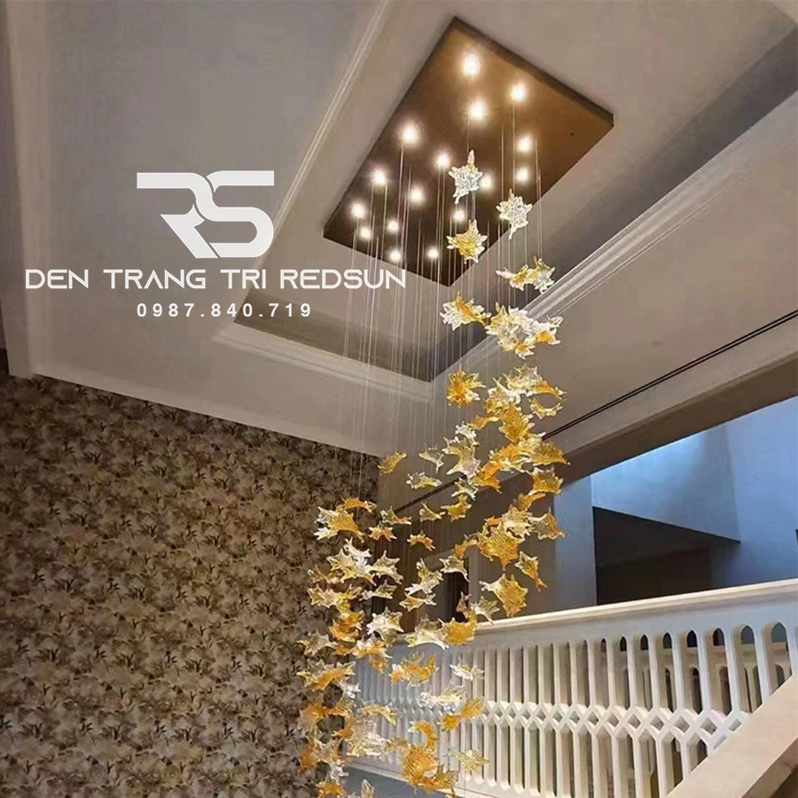 Đèn Thả Hiện Đại Lắp Phòng Khách, Sảnh Chờ, Cầu Thang Thông Tầng Lá Phong Chất Liệu Thuỷ Tinh HTK053