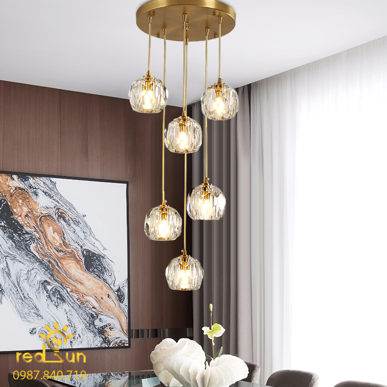 Đèn Thả Trần Hiện Đại Lắp Thông Tầng Cầu Thang, Phòng Khách, Bàn Ăn Chất Liệu Pha Lê HTK032