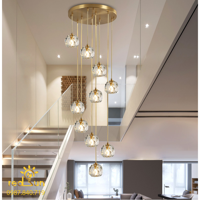 Đèn Thả Trần Hiện Đại Lắp Thông Tầng Cầu Thang, Phòng Khách, Bàn Ăn Chất Liệu Pha Lê HTK032