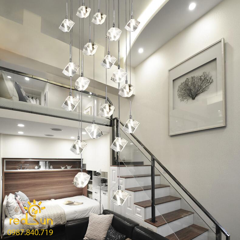 Đèn Thả Trần Hiện Đại Lắp Thông Tầng Cầu Thang, Phòng Khách, Bàn Ăn Chất Liệu Pha Lê HTK025