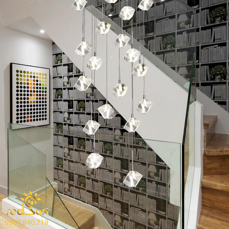 Đèn Thả Trần Hiện Đại Lắp Thông Tầng Cầu Thang, Phòng Khách, Bàn Ăn Chất Liệu Pha Lê HTK025