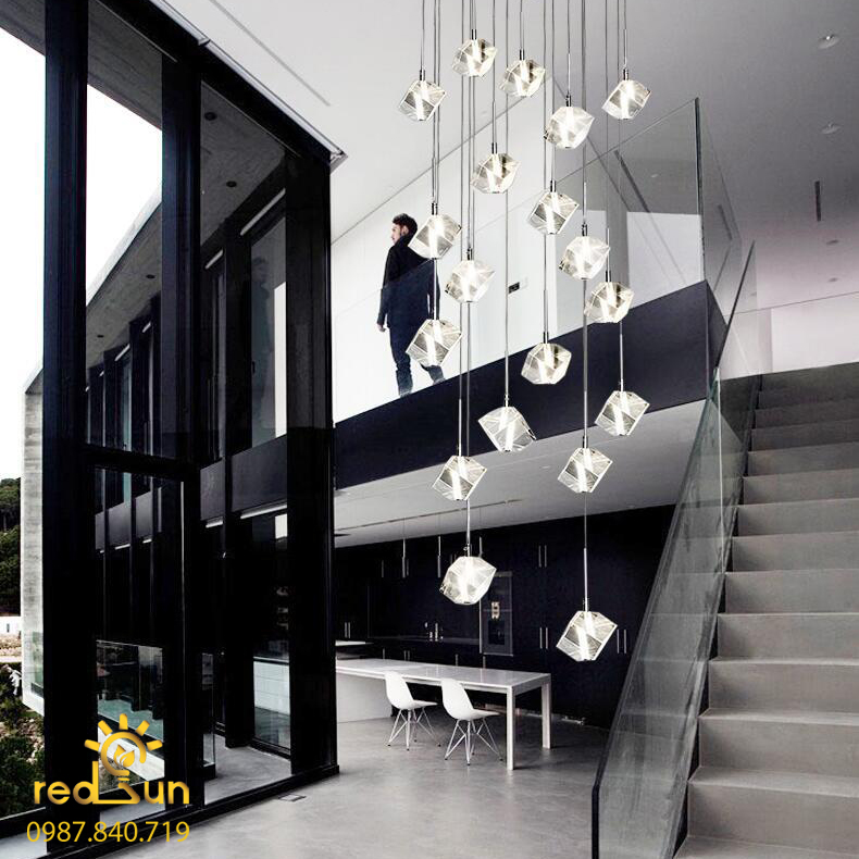 Đèn Thả Trần Hiện Đại Lắp Thông Tầng Cầu Thang, Phòng Khách, Bàn Ăn Chất Liệu Pha Lê HTK025