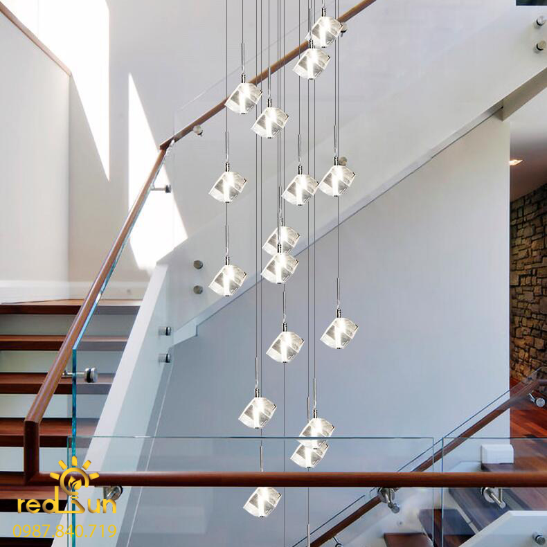 Đèn Thả Trần Hiện Đại Lắp Thông Tầng Cầu Thang, Phòng Khách, Bàn Ăn Chất Liệu Pha Lê HTK025