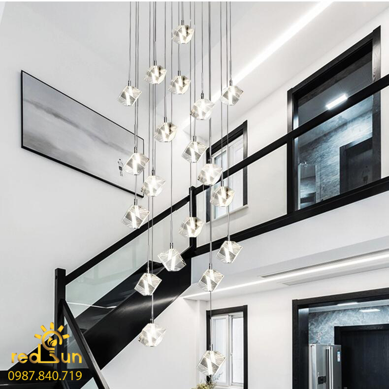 Đèn Thả Trần Hiện Đại Lắp Thông Tầng Cầu Thang, Phòng Khách, Bàn Ăn Chất Liệu Pha Lê HTK025