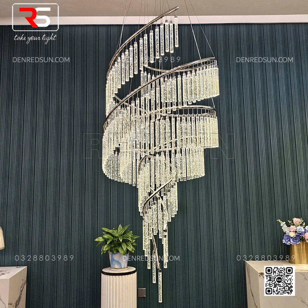 Đèn Thông Tầng Pha Lê Cao Cấp Cho Phòng Khách Duplex, Sảnh Khách Sạn Phong Cách Hiện Đại Xoắn Ốc HTK-NKFZ008