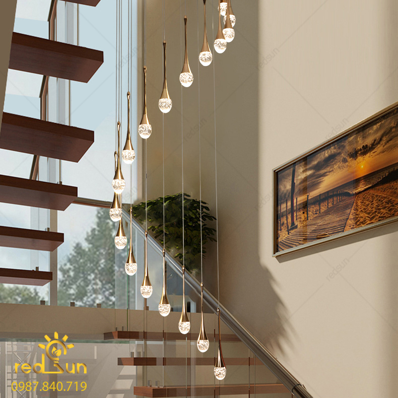 Đèn Thả Trần Hiện Đại Lắp Thông Tầng Cầu Thang, Phòng Khách, Bàn Ăn Chất Liệu Pha Lê HTK033