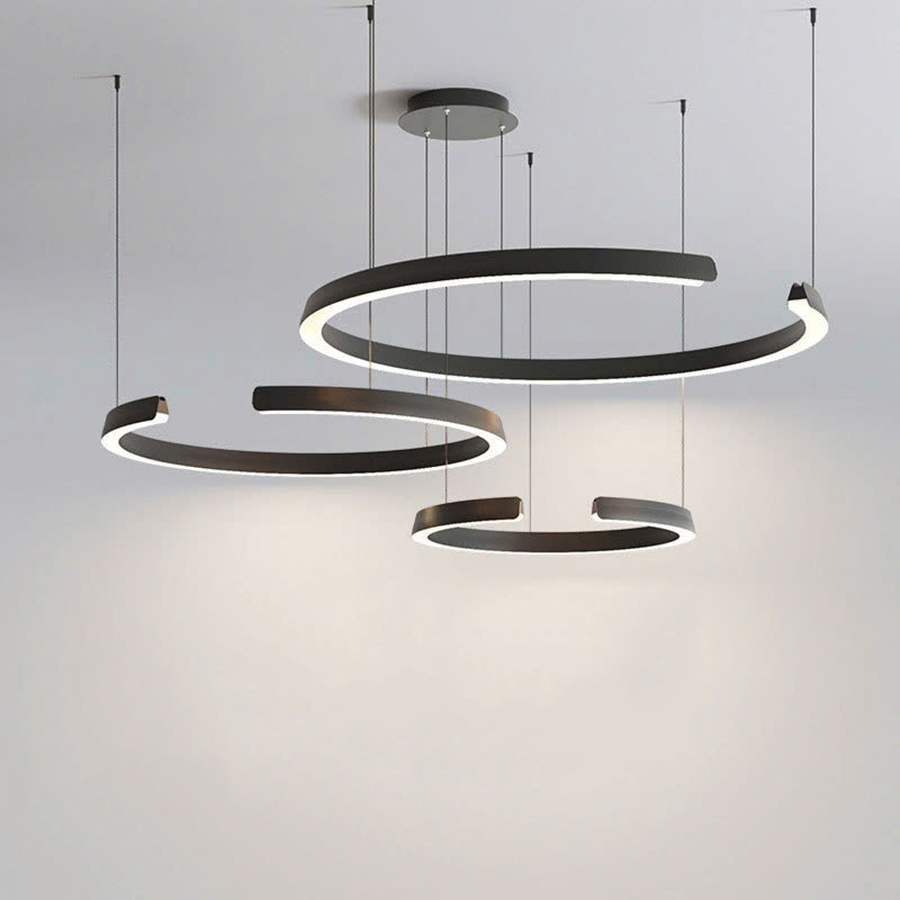 Đèn Thả Phòng Khách Hiện Đại Bắc Âu LED Ring 3 Vòng Khuyết Khung Inox Đen 3VKMD