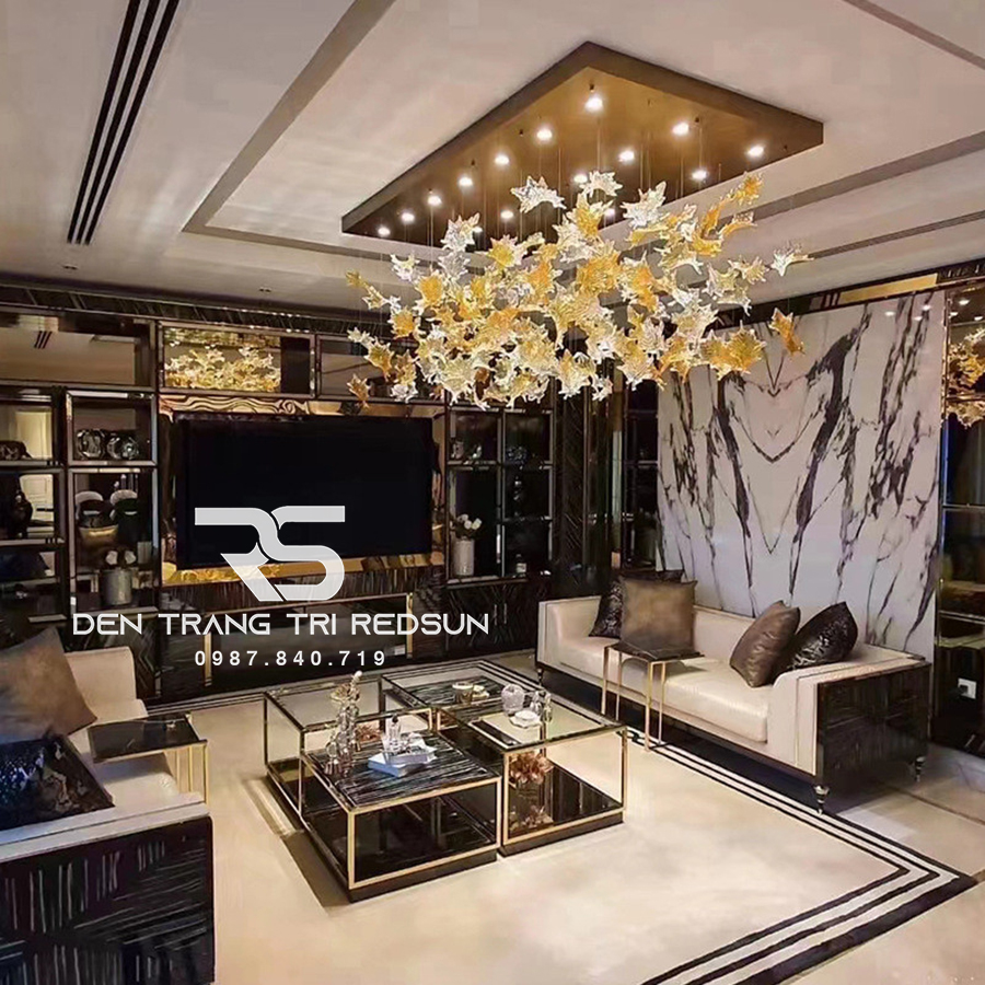 Đèn Thả Hiện Đại Lắp Phòng Khách, Sảnh Chờ, Cầu Thang Thông Tầng Lá Phong Chất Liệu Thuỷ Tinh HTK053