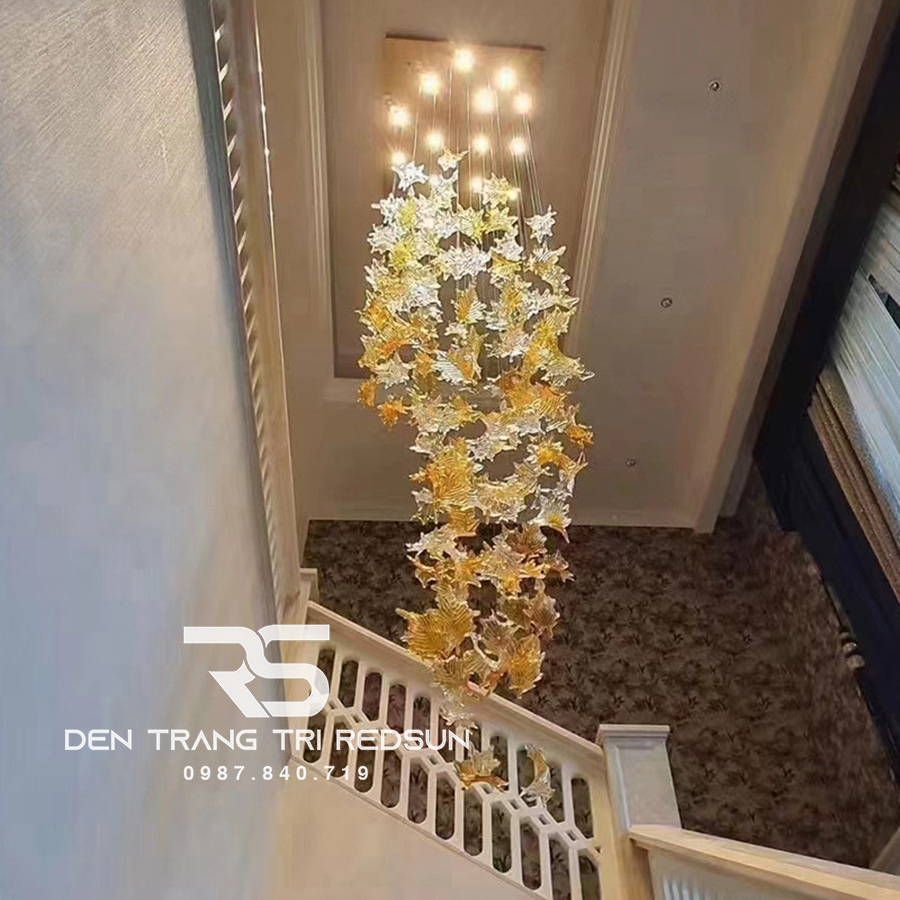 Đèn Thả Hiện Đại Lắp Phòng Khách, Sảnh Chờ, Cầu Thang Thông Tầng Lá Phong Chất Liệu Thuỷ Tinh HTK053