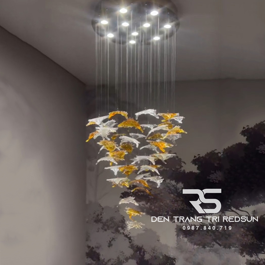 Đèn Thả Hiện Đại Lắp Phòng Khách, Sảnh Chờ, Cầu Thang Thông Tầng Lá Phong Chất Liệu Thuỷ Tinh HTK053