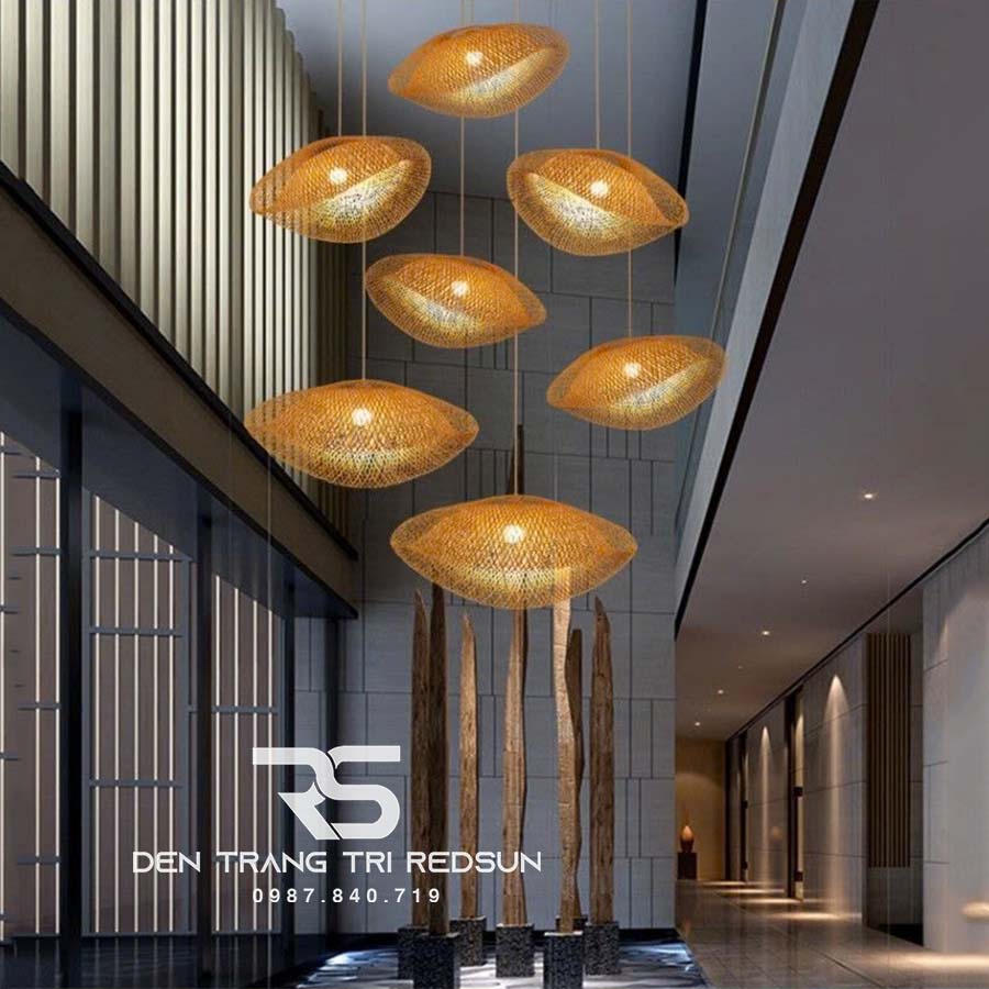 Đèn Thả Trần Hiện Đại Trang Trí Bàn Ăn, Bàn Đảo, Quán Cà Phê Chất Liệu Mây Tre Hình Lá Sen CDT-T067