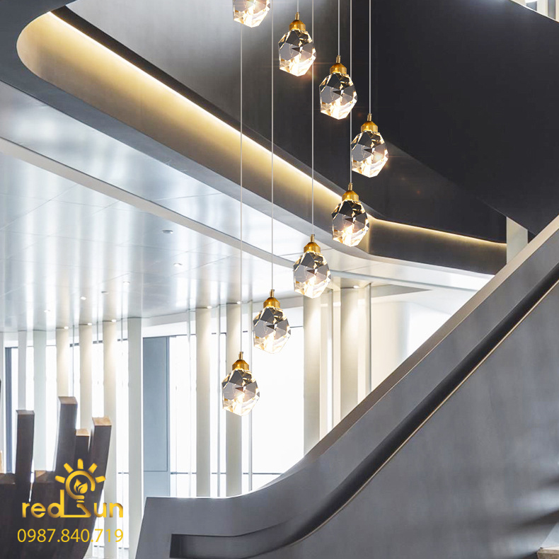 Đèn Thả Trần Hiện Đại Lắp Thông Tầng Cầu Thang, Phòng Khách, Bàn Ăn Chất Liệu Pha Lê HTK027 