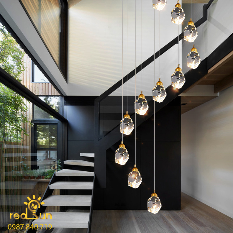 Đèn Thả Trần Hiện Đại Lắp Thông Tầng Cầu Thang, Phòng Khách, Bàn Ăn Chất Liệu Pha Lê HTK027 