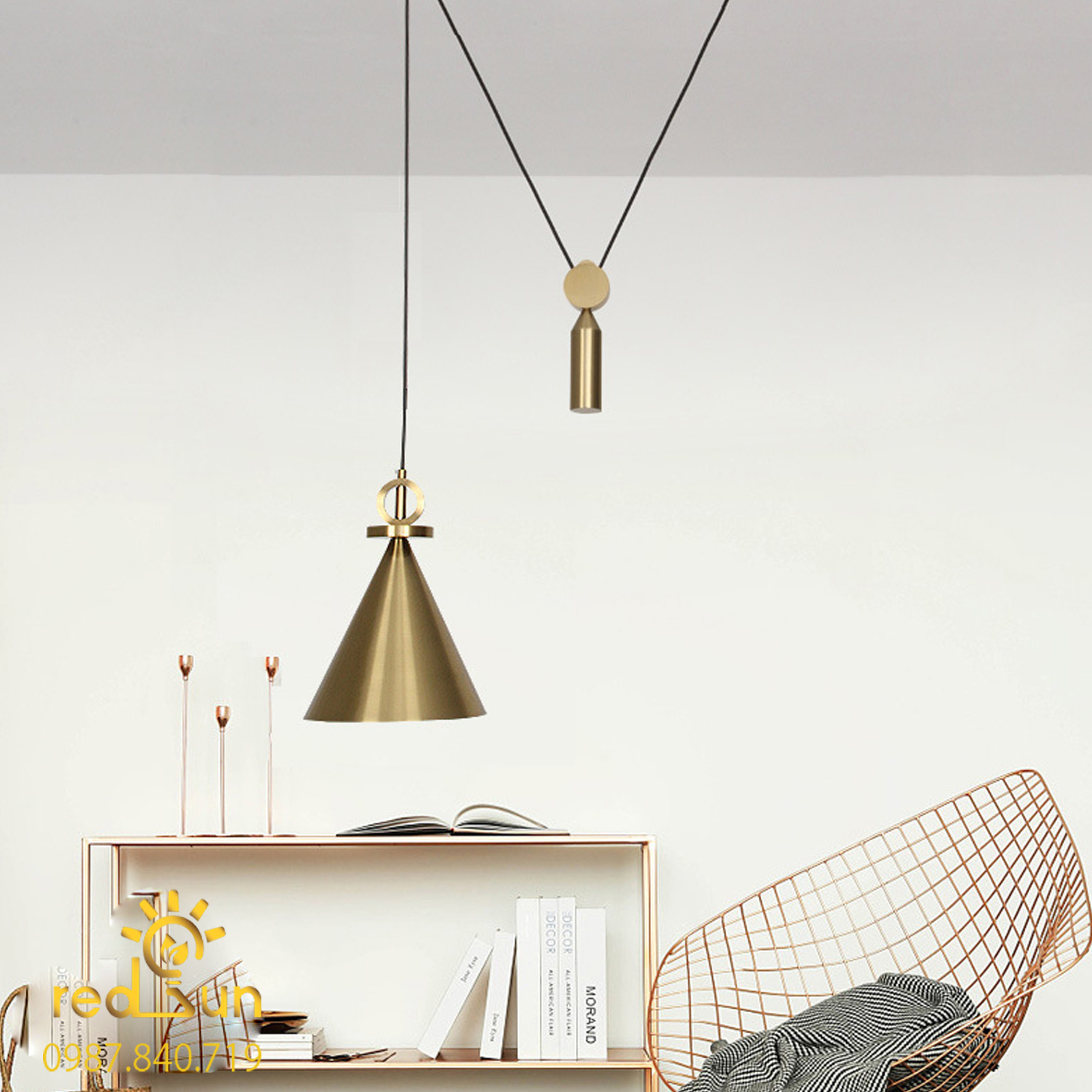 Chao đèn thả ròng rọc phễu đồng CDT-T031