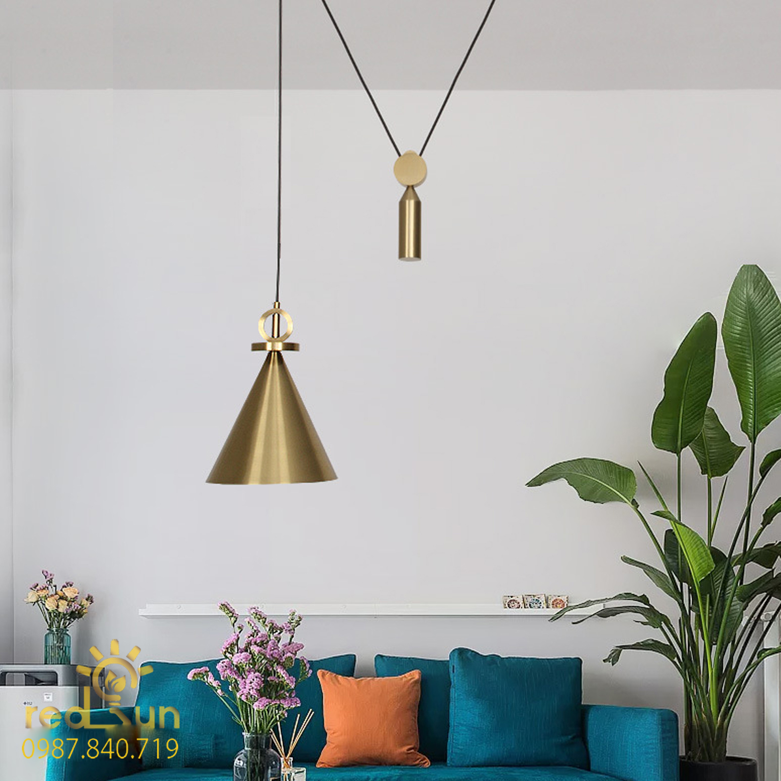 Chao đèn thả ròng rọc phễu đồng CDT-T031