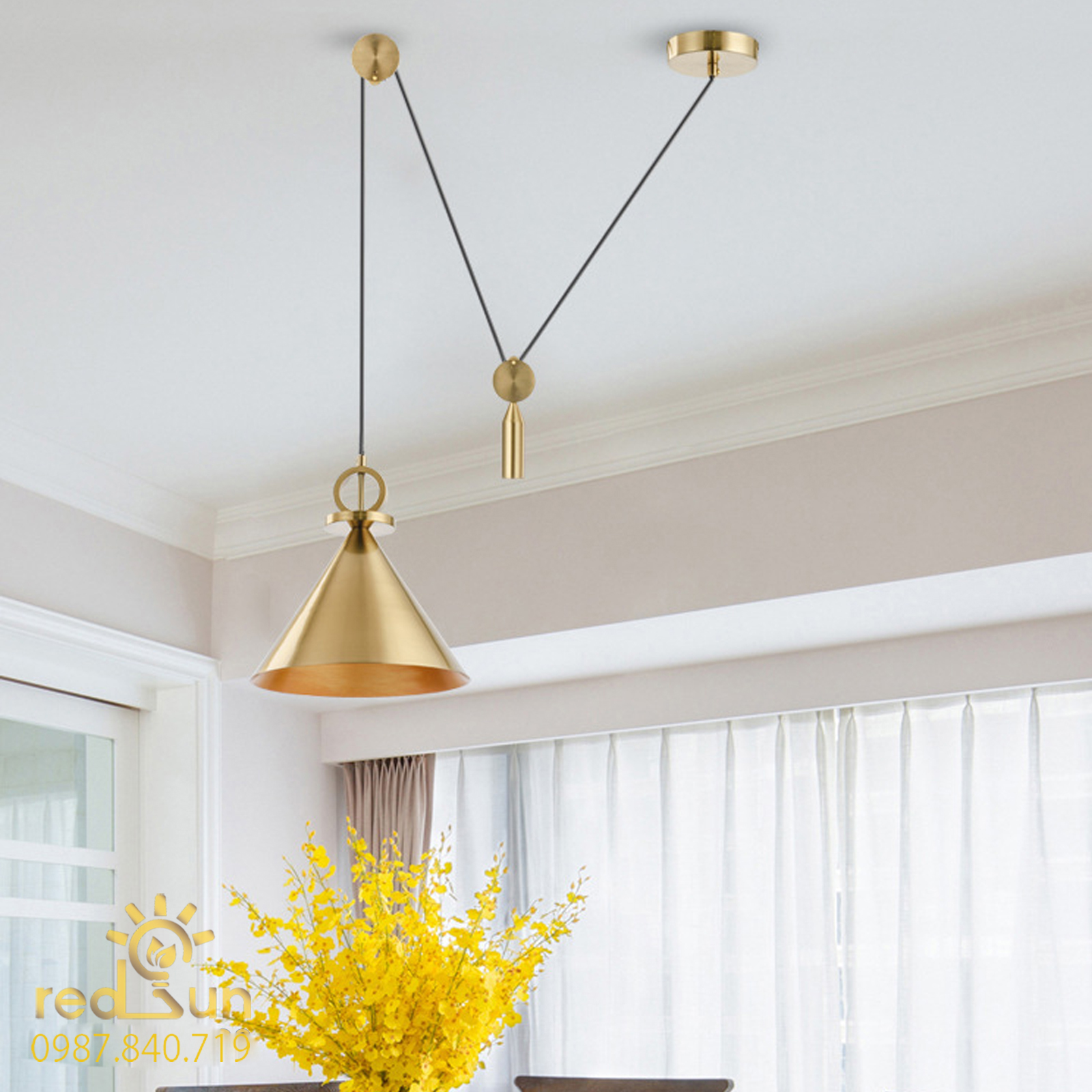 Chao đèn thả ròng rọc phễu đồng CDT-T031