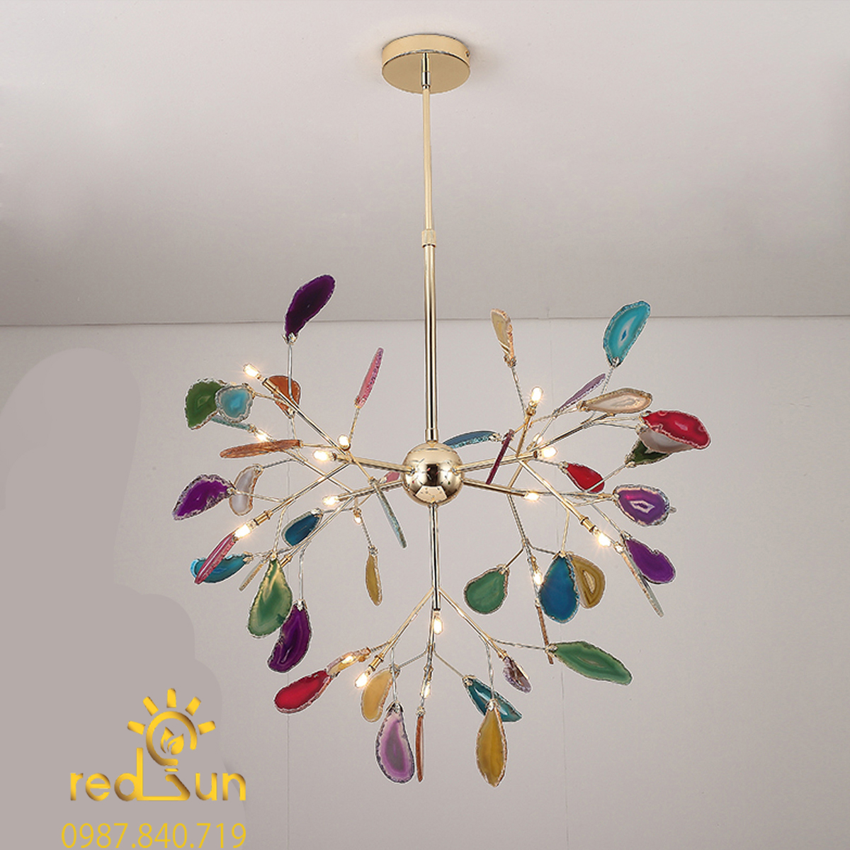 DC048-Đèn chùm Hera lá đá dáng thả chùm