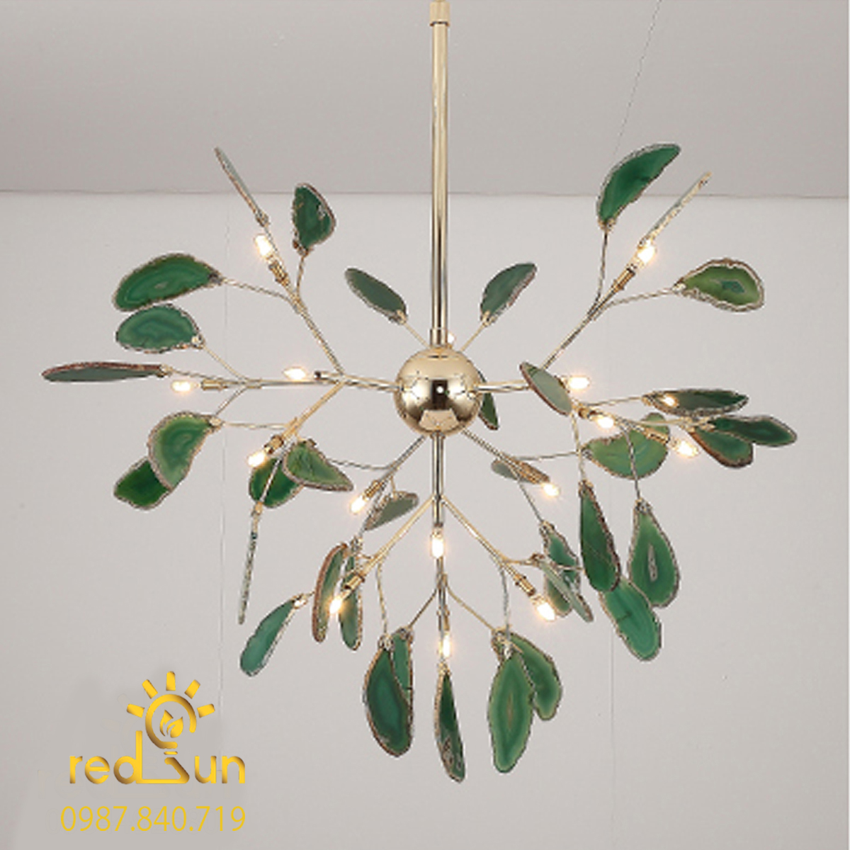 DC044-Đèn chùm Hera lá đá dáng thả chùm màu xanh lá cây