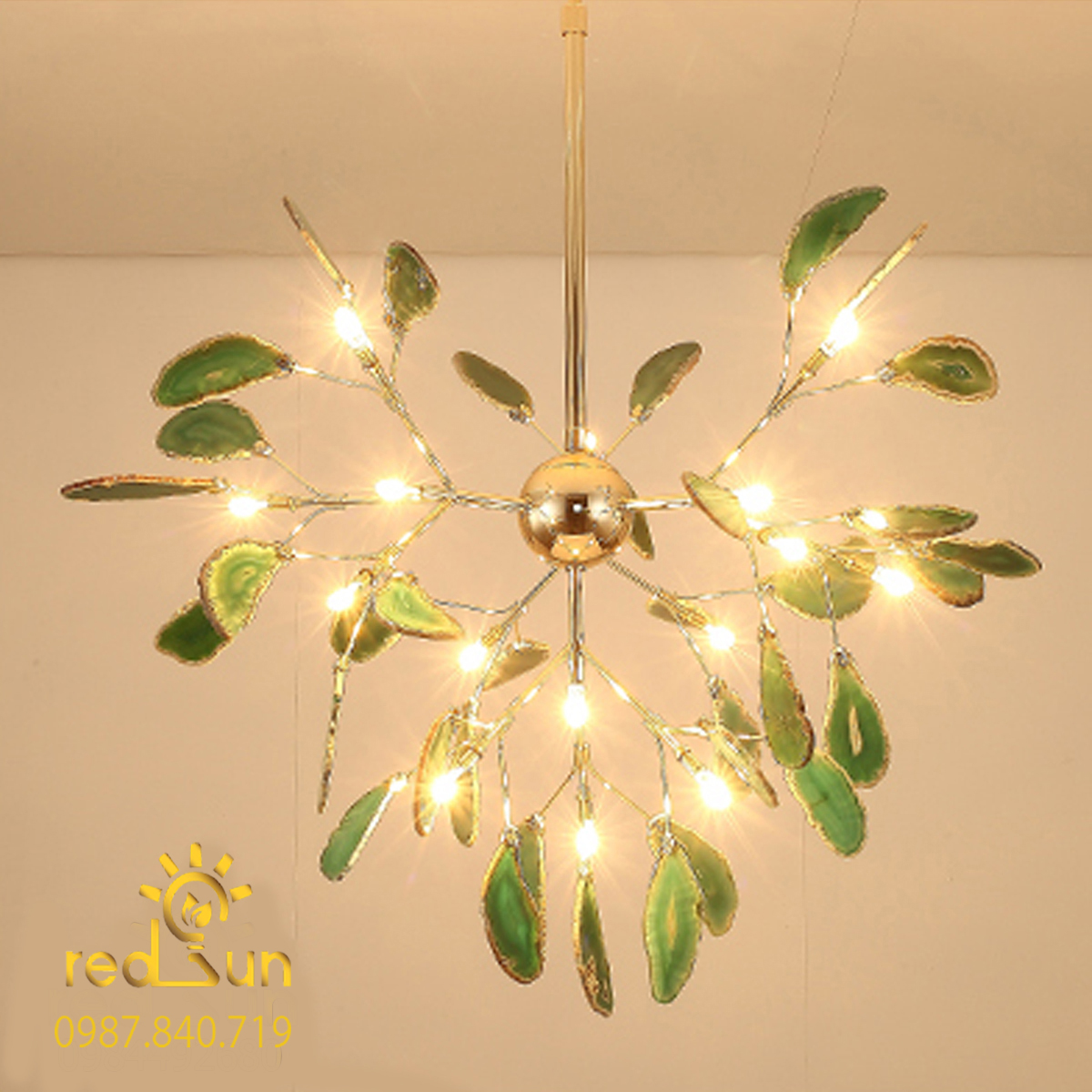 DC044-Đèn chùm Hera lá đá dáng thả chùm màu xanh lá cây